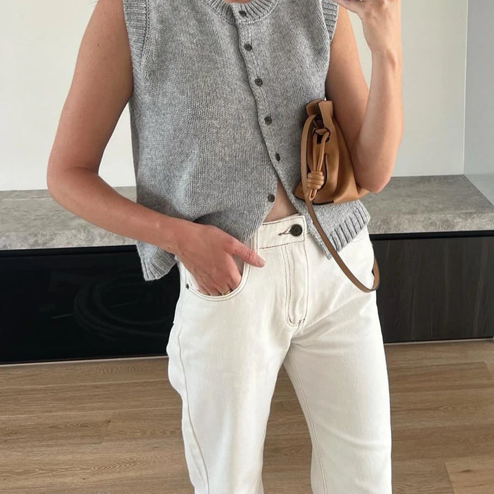 Chic Knitted Vests Top For Women Casual Single-Breasted Knitwear Cardigan Tank Sweater Female Solid Sleeveless 2024 Fashion