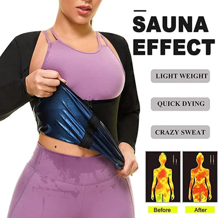 Qtree Sauna Suit Shirt for Women Weight Loss Sweat Jacket Long Sleeve Slimming Body Shaper Fitness Zipper Workout Waist Trainer
