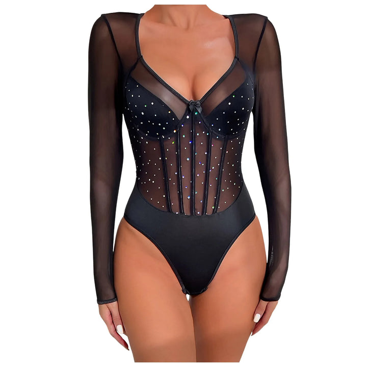 Women One-Piece Bodysuit Sexy Shiny Sequins Long Sleeve Bottoming Undershirts Deep V-Neck Mesh Jumpsuits Y2k Tops Mujer Clubwear