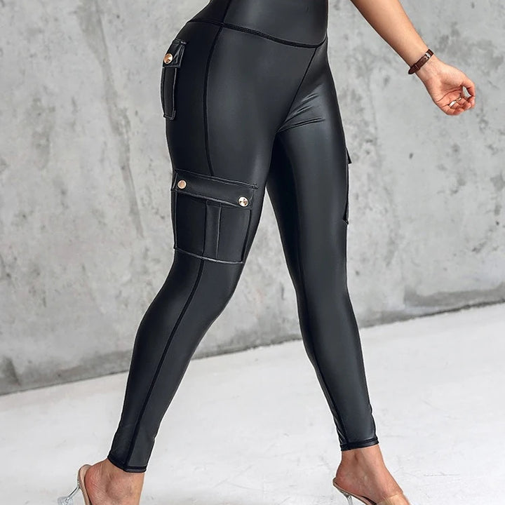 High Waist Skinny Leather Pants for Women with Cargo Pockets Stretchy Leather Leggings Spring Pencil  Plain Streetwear Trousers