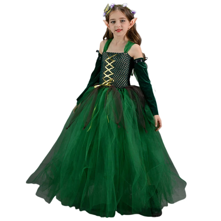 Kids Girls Elf Cosplay Tutu Dance Skirts Costume Children Roleplay Dress Up Performence Stage Dress Elf Earrings Halloween Cloth