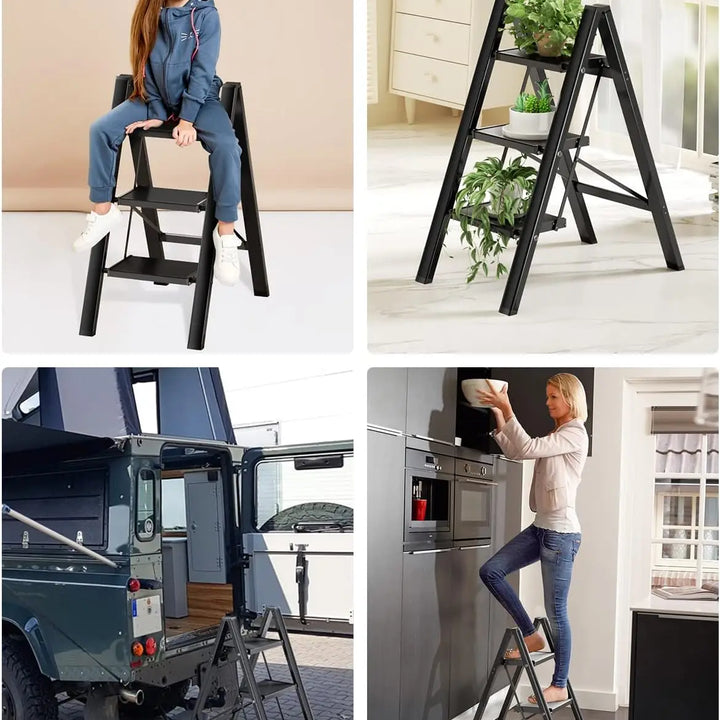 Aluminium 3-4 Step Ladder with Wide Steps Lightweight Folding Ladder Portable Slim Step Stool Safety Household Ladder Stepladder