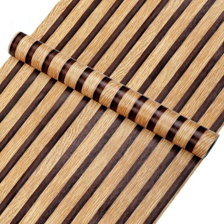 Brown pvc grille wood grain peeling imitation wood wallpaper self-adhesive detachable bedroom living room striped contact paper