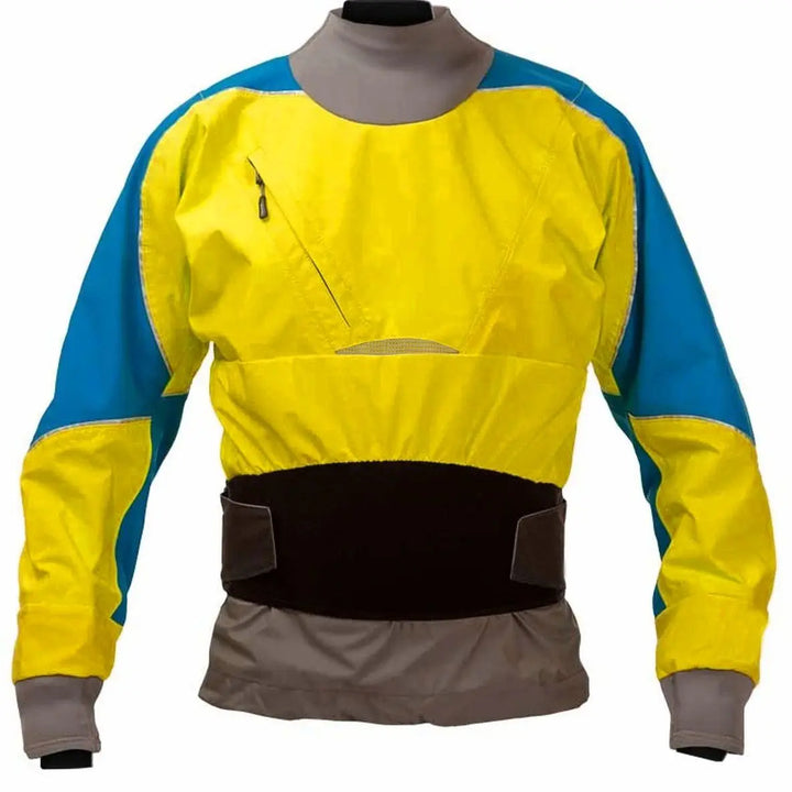 Dry Top With Dual Adjustable Neoprene Outer Skirt, a self-draining Zippered Chest Pocket Latex Wrist and Neck Gaskets