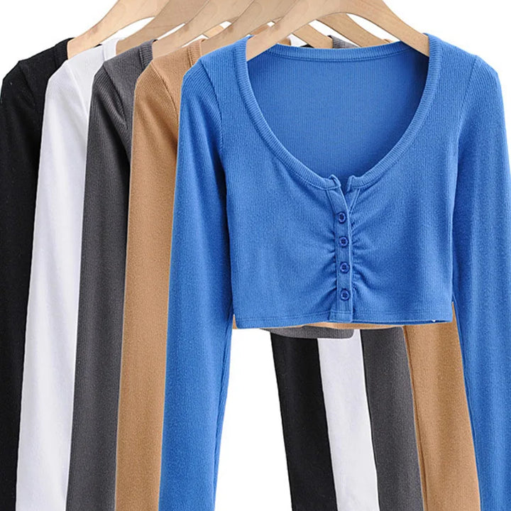 Slim V-neck Long Sleeve Bottomed Womens Tops And Blouses High Street Solid Color Open Navel Cardigan