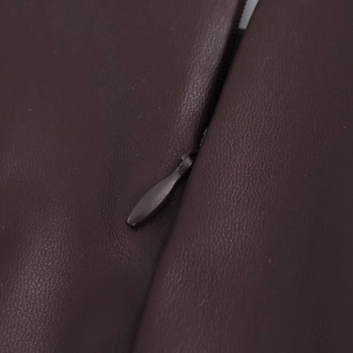 TRAFZA Women's New Fashion Versatile Solid Round Neck Faux Leather Midi Dress Female Elegant Pleated Zip Sleeveless Long Dress