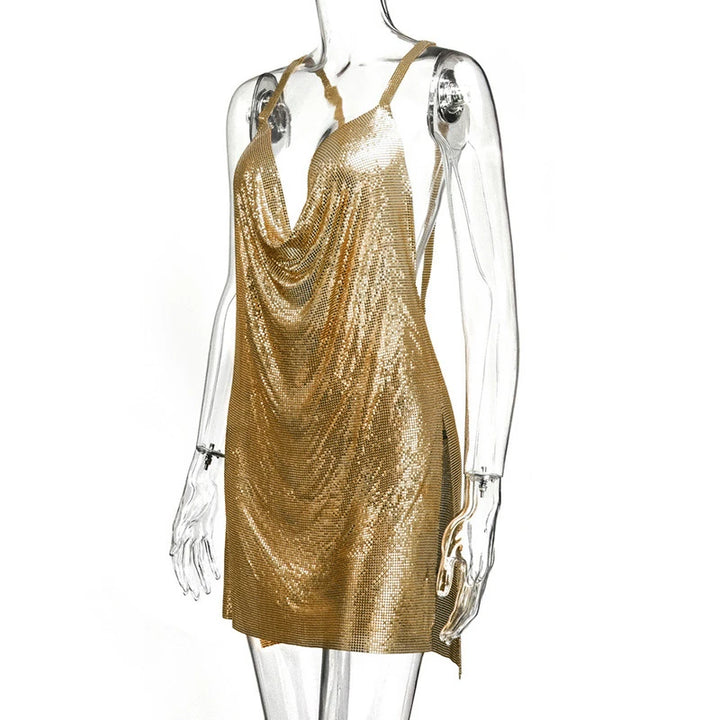 90s Rave Outfit Glitter V-Neck Lace Up Sequins Dress Y2K Clubwear Sexy Backless Bodycon Metal Mini Dress Party Cloth Vestidos