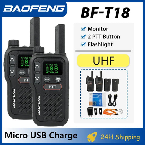 BF-T18 Baofeng Mini Walkie Talkie UHF 400-470MHz Micro USB Charge Two Way Radio 2-PTT Button Walkie-talkies Long Range Ham Radio