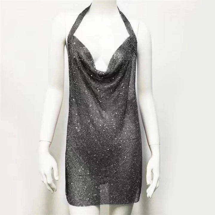 New European and American women's clothing, metal sequins, rhinestone suspender, sexy party, sweet and spicy style dress