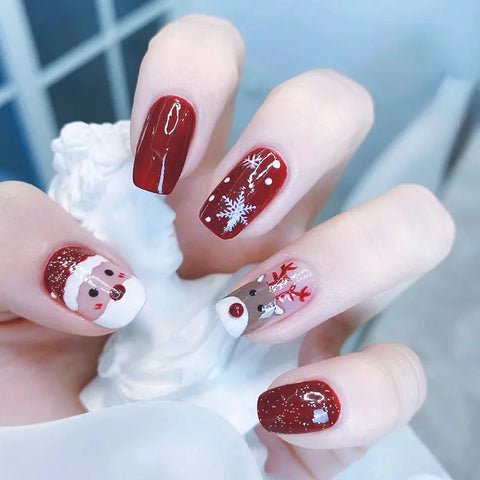 24pcs Winter Christmas False Nails Press on Nails Set with Glue Cute Elk Snowflake Medium Short Cheap Red Acrylic Nail Tips 2024