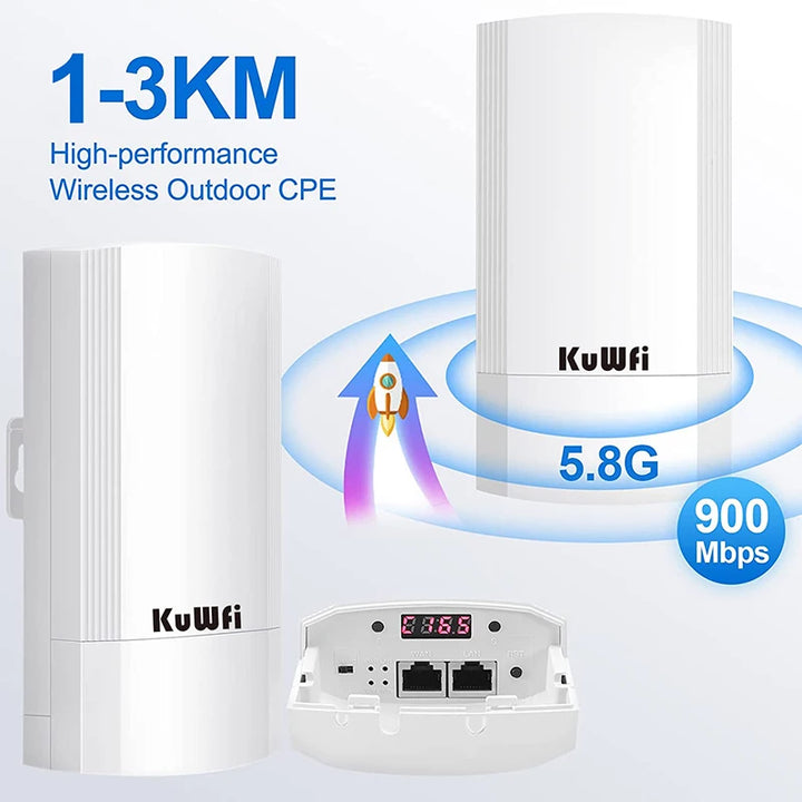 KuWFi 5.8G 900Mbps CPE Bridge Outdoor Waterproof Wireless WiFi Bridge AP Repeater Router PTP Up to 1-3KM with WAN LAN 24V POE