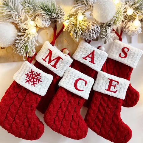 Xmas 2024 Decor Christmas Socks Knitting Snowflake Letter Stocking Christmas Tree Decoration Home 2025 New Year Ornament Gift