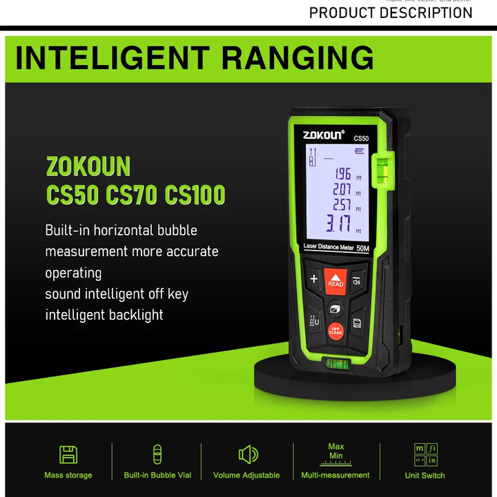 Zokoun shockproof 50/70/100m laser distance meter electronic ruler laser tape Area Volume Pythagorean digital rangefinder