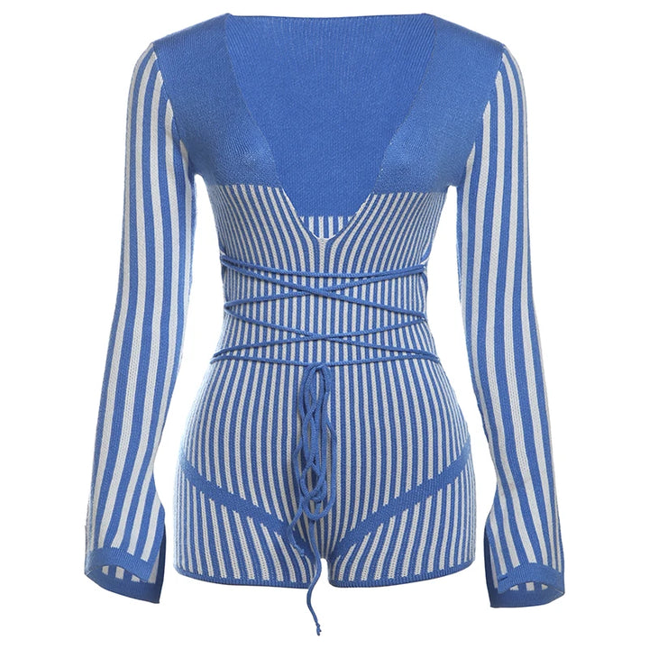 Nibber Crochet Bandage Playsuits Women Low-Neck Contrast Striped Patchwork Long Sleeve Autumn Fit Trend Vacation Skinny Romper