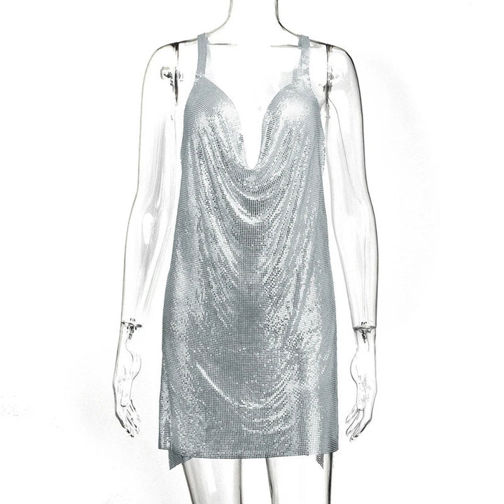 90s Rave Outfit Glitter V-Neck Lace Up Sequins Dress Y2K Clubwear Sexy Backless Bodycon Metal Mini Dress Party Cloth Vestidos