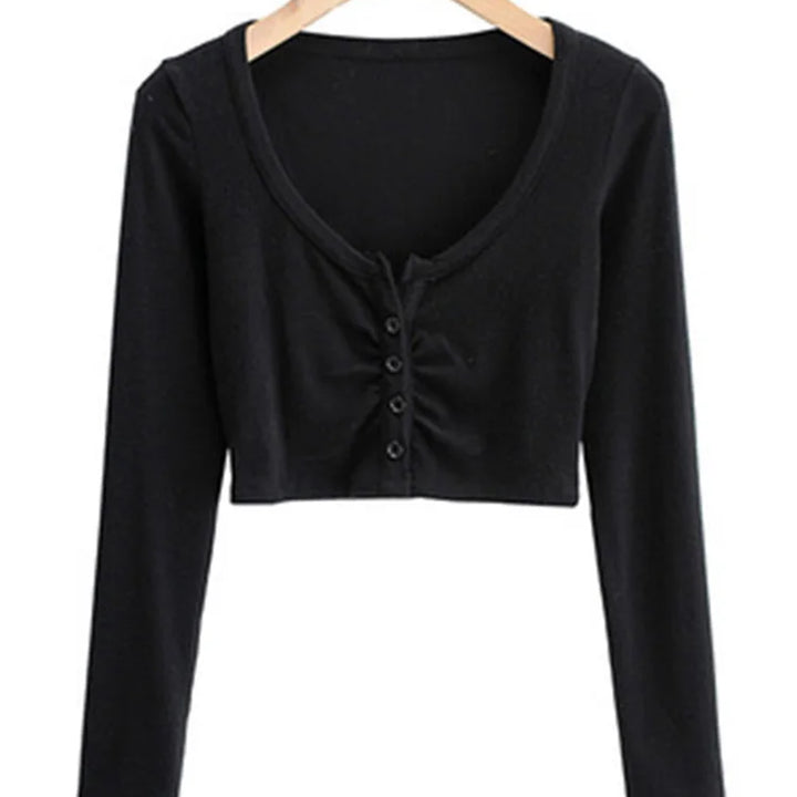 Slim V-neck Long Sleeve Bottomed Womens Tops And Blouses High Street Solid Color Open Navel Cardigan