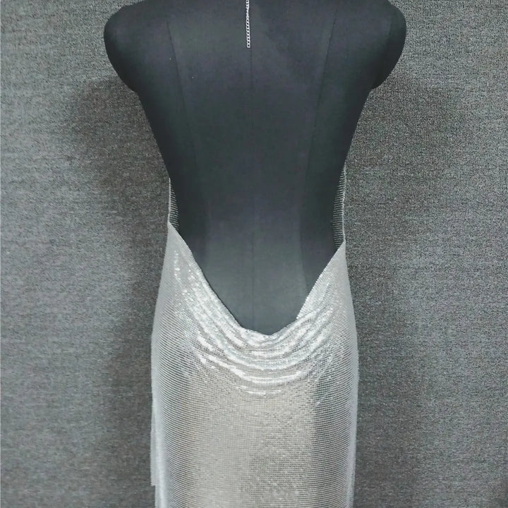 Glitter Metal Sequins Mini Dress Women Sexy Deep V Neck Backless Side Split Dress Rave Festival Nightclub Party Evening Dresses