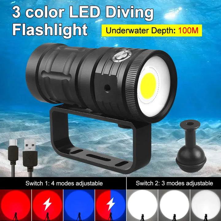 Professional LED Diving Flashlight 18000LM COB Tactical Torch IPX8 Waterproof Glare Video Camera Light White Blue Red Fill Light