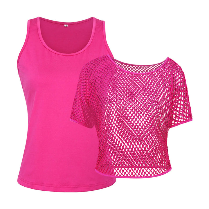 Women Shirts 80s Neon Fishnet Mesh Top Off Shoulder Tops For Women Tight Sexy Sleeveless Neckless Slim Casaul Top