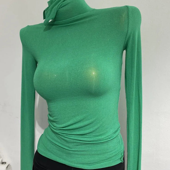 Thin Soft American Long Sleeve T-shirt High Stacked Neck Tight Perspective Bottom Shirt Women's Slim Fit Tops Sexy Streetwear