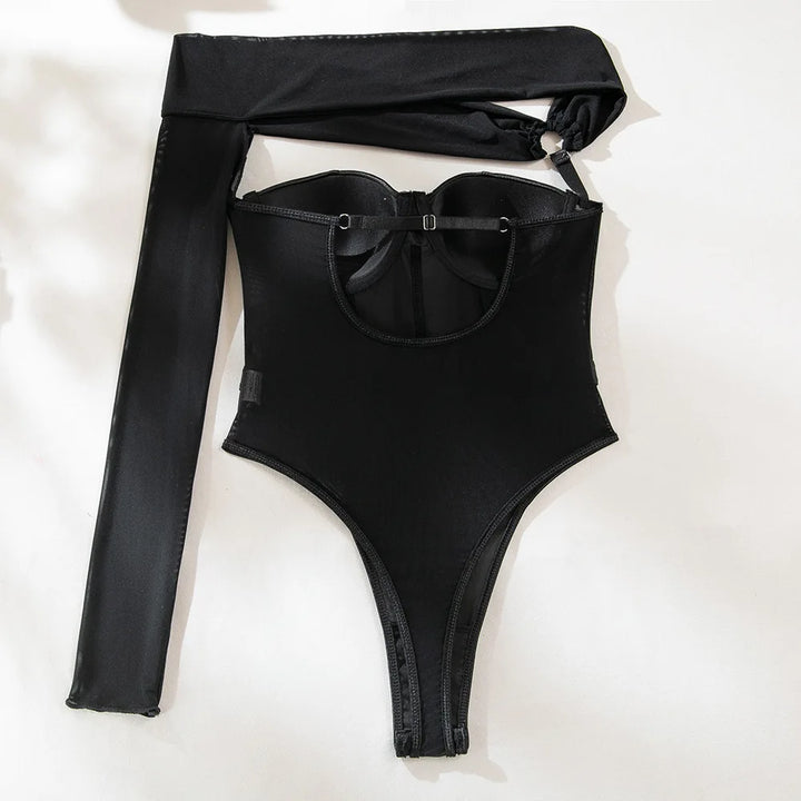 Lady Sexy Single Shoulder Sleeve Shapewear Chest Gathered Cotton Splicing Mesh Underwear Women's Black Hollow Backless Jumpsuit