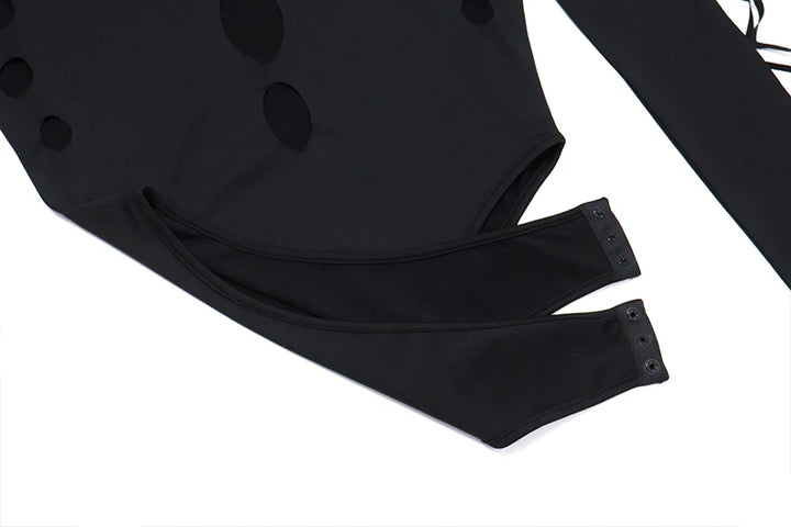 Candyhot Sexy Dot Hollow Out Bodysuit Y2K Gothic Punk Long Sleeves Bodycon T-shirt Women Autumn Streetwear Slim Bodice Bodysuits