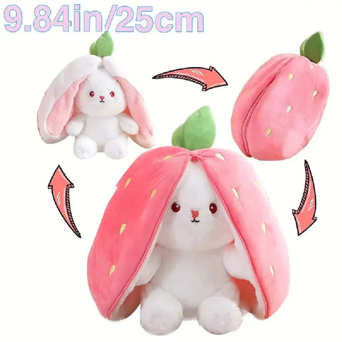 Bunny Stuffed Animal Plush Reversible Strawberry Bunny Plush Doll With Zipper Cute Room Decoration Toy For Kids Gift 20cm