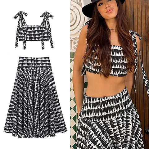 TRAFZA Women Fashion Print Sets Sexy Backless Sleeveless Slim Corset Lace Up Crop Top Female Elegant A-line Pleated Midi Skirts