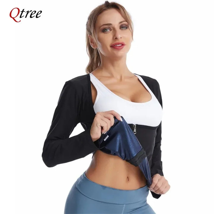 Qtree Sauna Suit Shirt for Women Weight Loss Sweat Jacket Long Sleeve Slimming Body Shaper Fitness Zipper Workout Waist Trainer