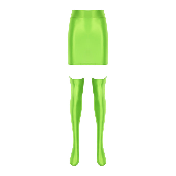 Womens Glossy Nightclub Outfit Shiny High Waist Mini Skirt with Stockings Set Rave Party Cheer Booty Workout Pole Dance Clubwear