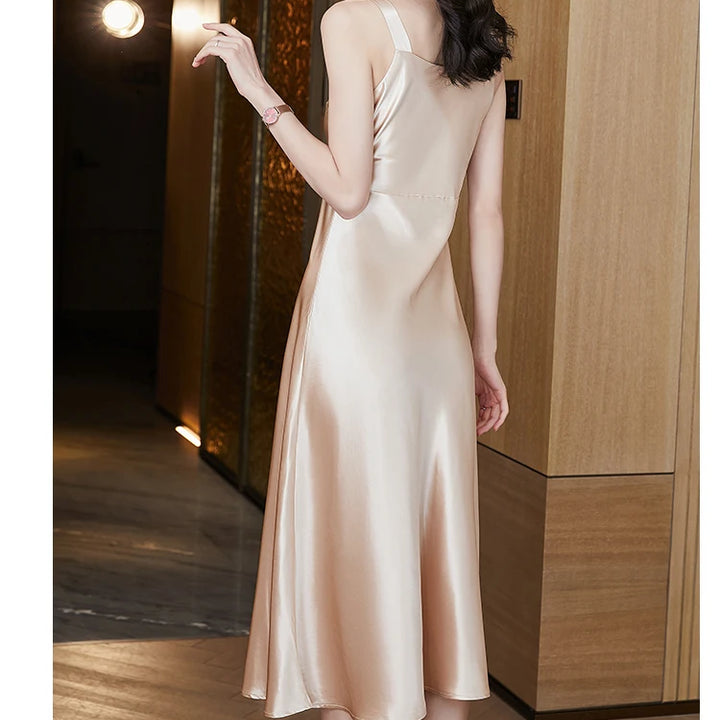 #4938 Sleeveless Spaghetti Straps Midi Satin Dress Women Solid Color V-neck Sexy A-line Party Dresses Women Evening Summer 2024