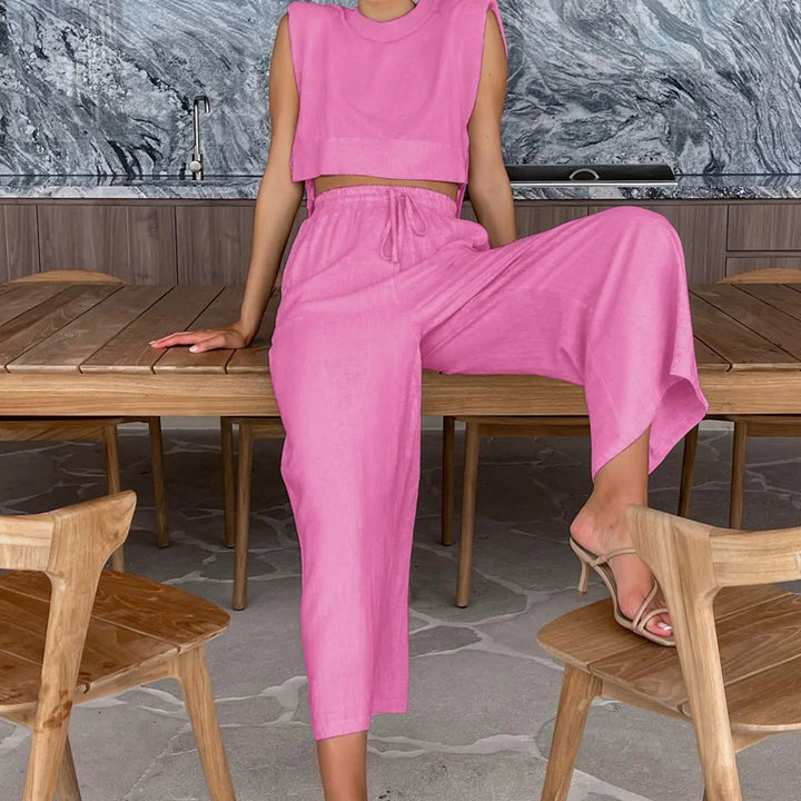 Spring Summer 2025 Women Holiday Linen Pant Set Crop Tops Solid Outfits 2 Two Piece Matching Set For Women