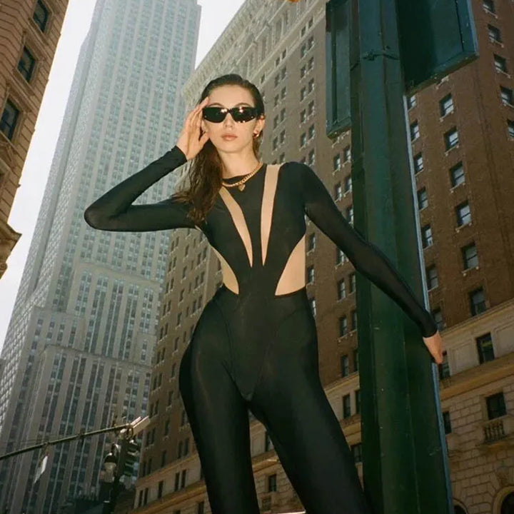 Huhugirl Sexy Mesh Patchwork Rompers Women Jumpsuits Fashion O Neck Long Sleeve Skinny Black Jumpsuits Female One Piece Overalls