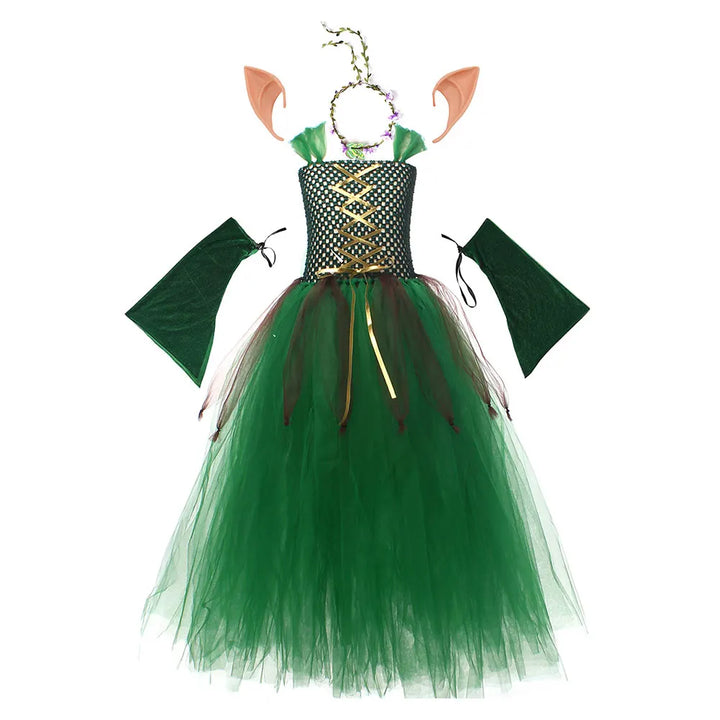 Kids Girls Elf Cosplay Tutu Dance Skirts Costume Children Roleplay Dress Up Performence Stage Dress Elf Earrings Halloween Cloth
