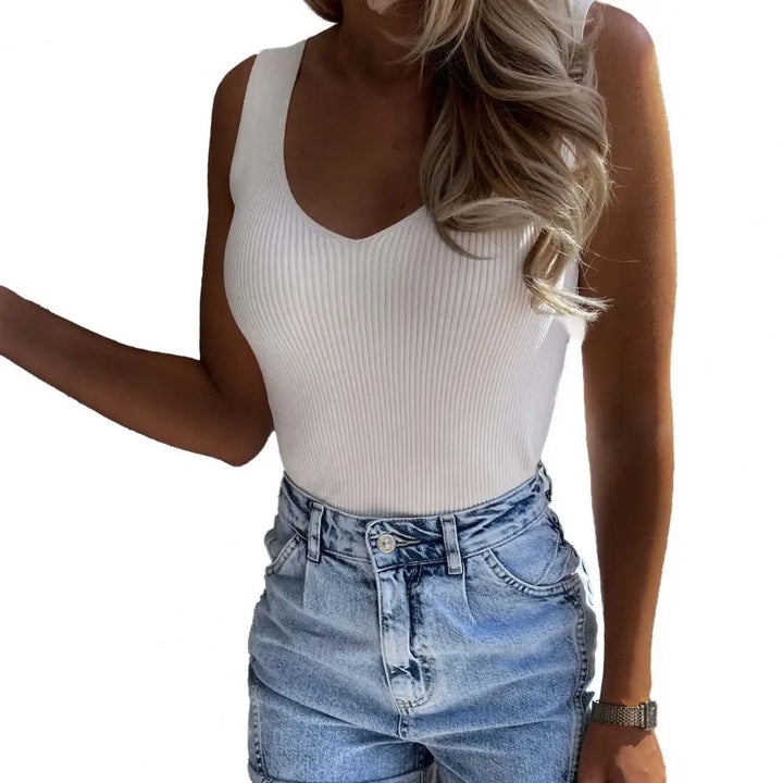 Women Tank Top Ribbed Sleeveless Skinny V Neck Summer Streetwear Knitted Female Basic Casual Camisole T-Shirt Ladies Clothes