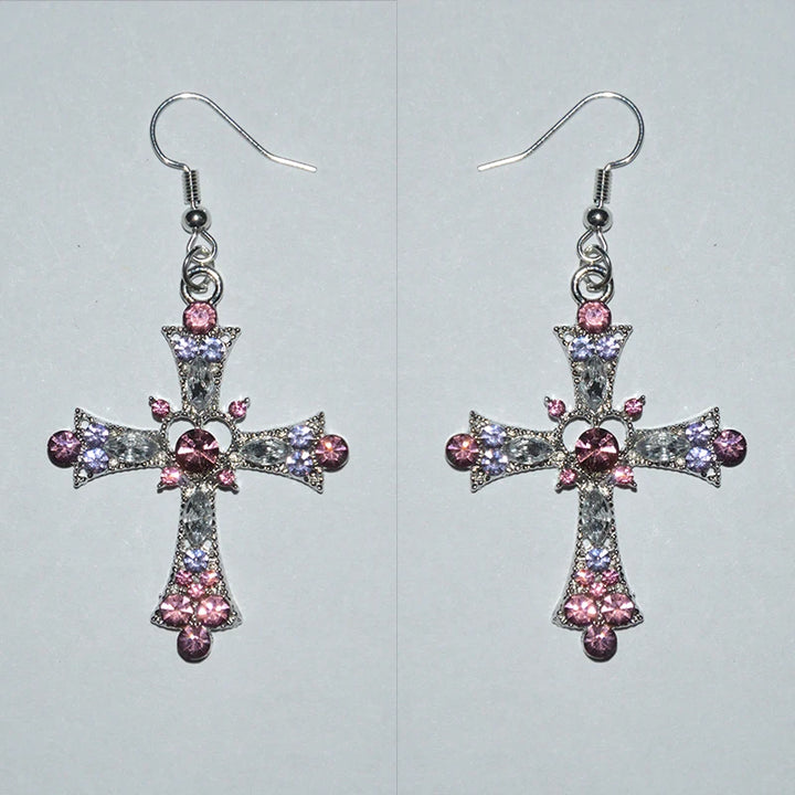 Gothic Pink Heart Cross Earrings Y2K Kpop Purple Zircon Cross Drop Earring for Women Grunge Egirl Earrings Jewelry Accessories