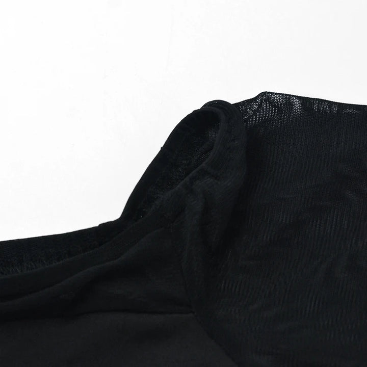 Sexy Black T-shirt Women Autumn New Streetwear Long Sleeves Slash Neck Simple Tees Casual Fashion Mesh Patchwork Basic Crop Top