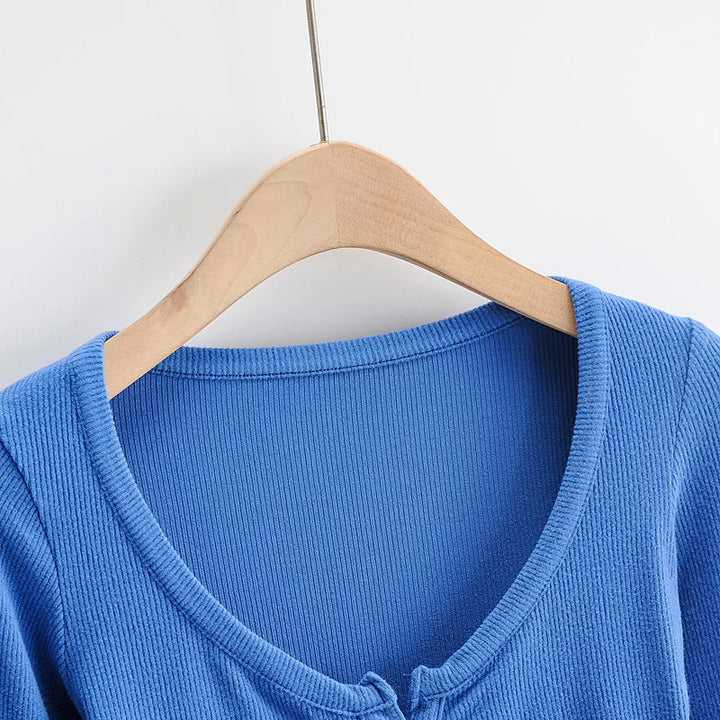 Slim V-neck Long Sleeve Bottomed Womens Tops And Blouses High Street Solid Color Open Navel Cardigan