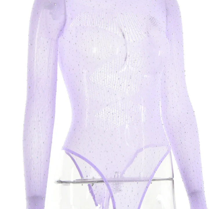 Fantoye Sexy Mesh Transparent Long Sleeve Skinny High Stretch Hollow Out Solid Thin Female Bodysuit Club Wear New Hot