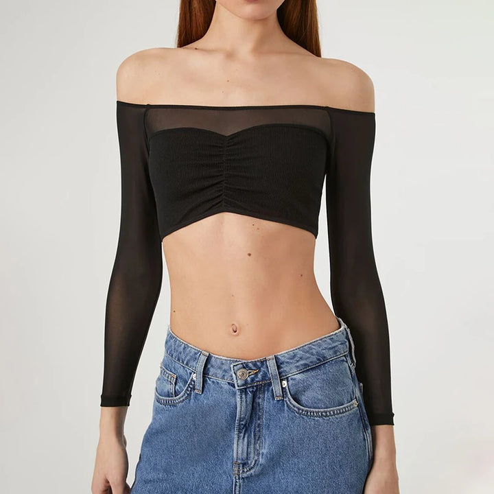 Sexy Black T-shirt Women Autumn New Streetwear Long Sleeves Slash Neck Simple Tees Casual Fashion Mesh Patchwork Basic Crop Top
