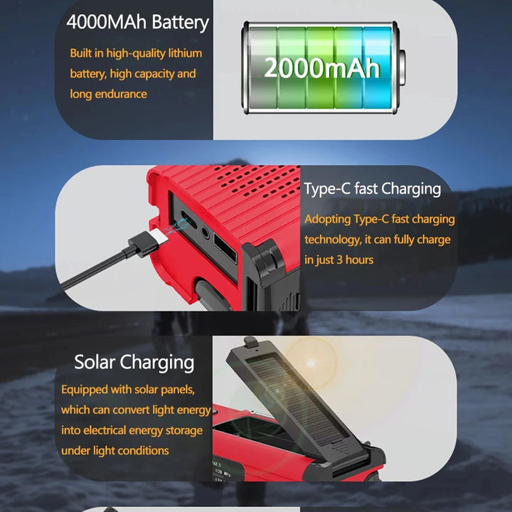 Solar rechargeable radio Radio with LED light Hand rechargeable emergency light Outdoor Adventure waterproof emergency light