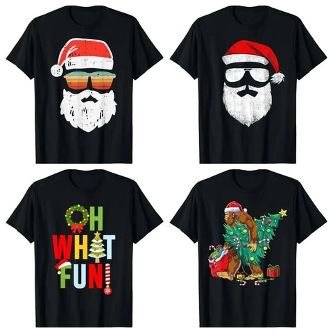 New Christmas T-Shirt for Men Bigfoot Santa Claus Letter Lights Graphic Printed Women Mens Cotton T-shirt Street Party Clothing