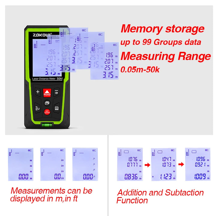 Zokoun shockproof 50/70/100m laser distance meter electronic ruler laser tape Area Volume Pythagorean digital rangefinder