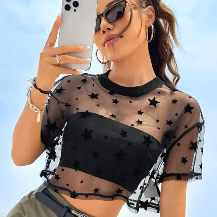 Summer Outfits Star Print Drop Shoulder Crop Mesh Top Without Camisole