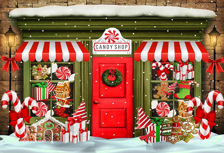 Mehofond Red Candy Shop Xmas House Photography Backdrop Snow Christmas Trees for Family Birthday Party Background Photo Studio