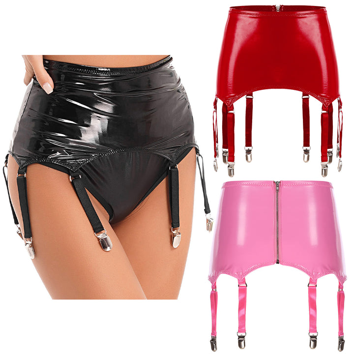 Womens Garters Suspender Belt Skirts Ladies Wet Look Patent Leather Garters with Metal Clips Clubwear Costume Underwear