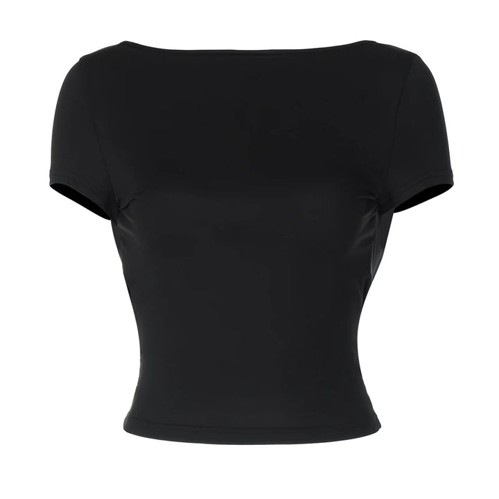 Hugcitar 2024 Spring Short Sleeve Backless Transparent Slip Sexy Slim Crop T-Shirt Top Women Fashion Clothes Vacation Nightclub