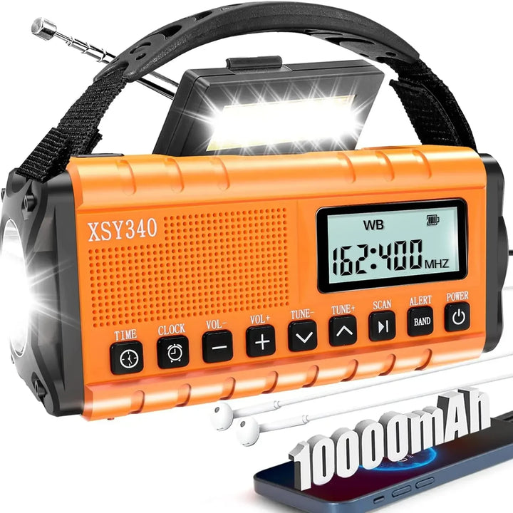 2025 Upgrade 10000mAh Emergency Weather Radio Solar Hand Crank AM/FM Portable Radio Headphone Jack Flashlight Reading Light SOS