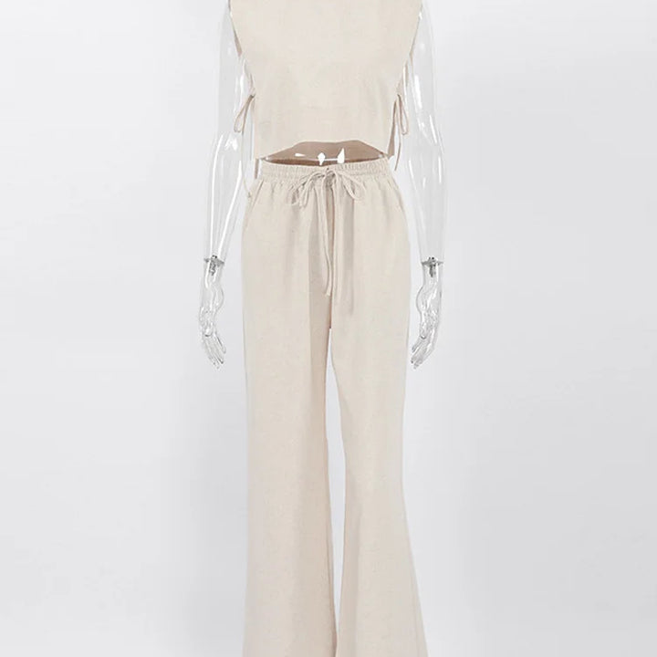 Spring Summer 2025 Women Holiday Linen Pant Set Crop Tops Solid Outfits 2 Two Piece Matching Set For Women