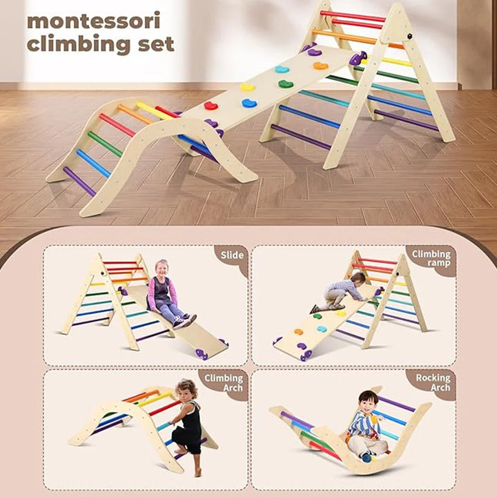 Pikler Triangle Set With Cushion, 5 In 1 Montessori Foldable Climbing Set, Climbing Indoor Playground Set For Toddlers, Wooden C